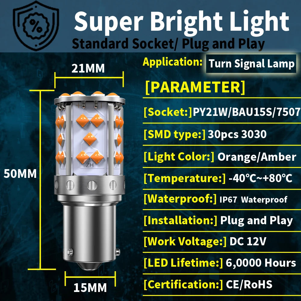 PY21W / 1156 / T20 LED Turn Signal Bulb — 3030 Chip Amber