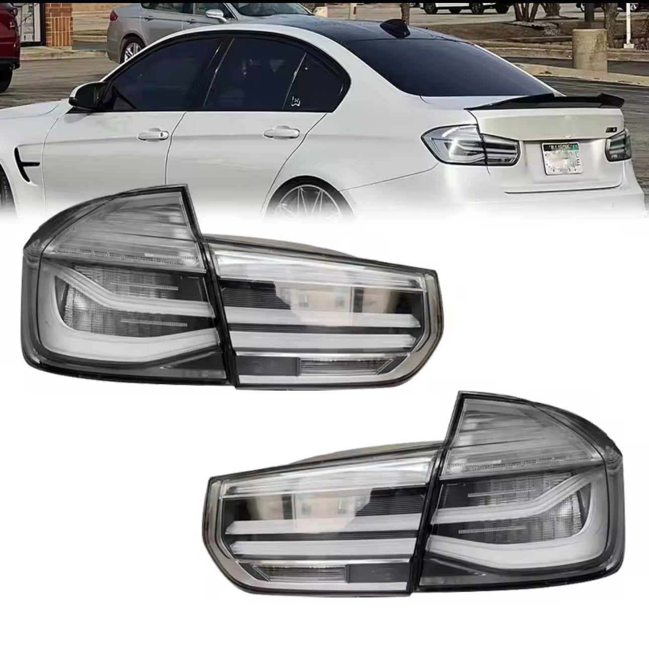 BWM F30 F31 F35 CLEAR TAIL LIGHTS ON A WHITE BMW