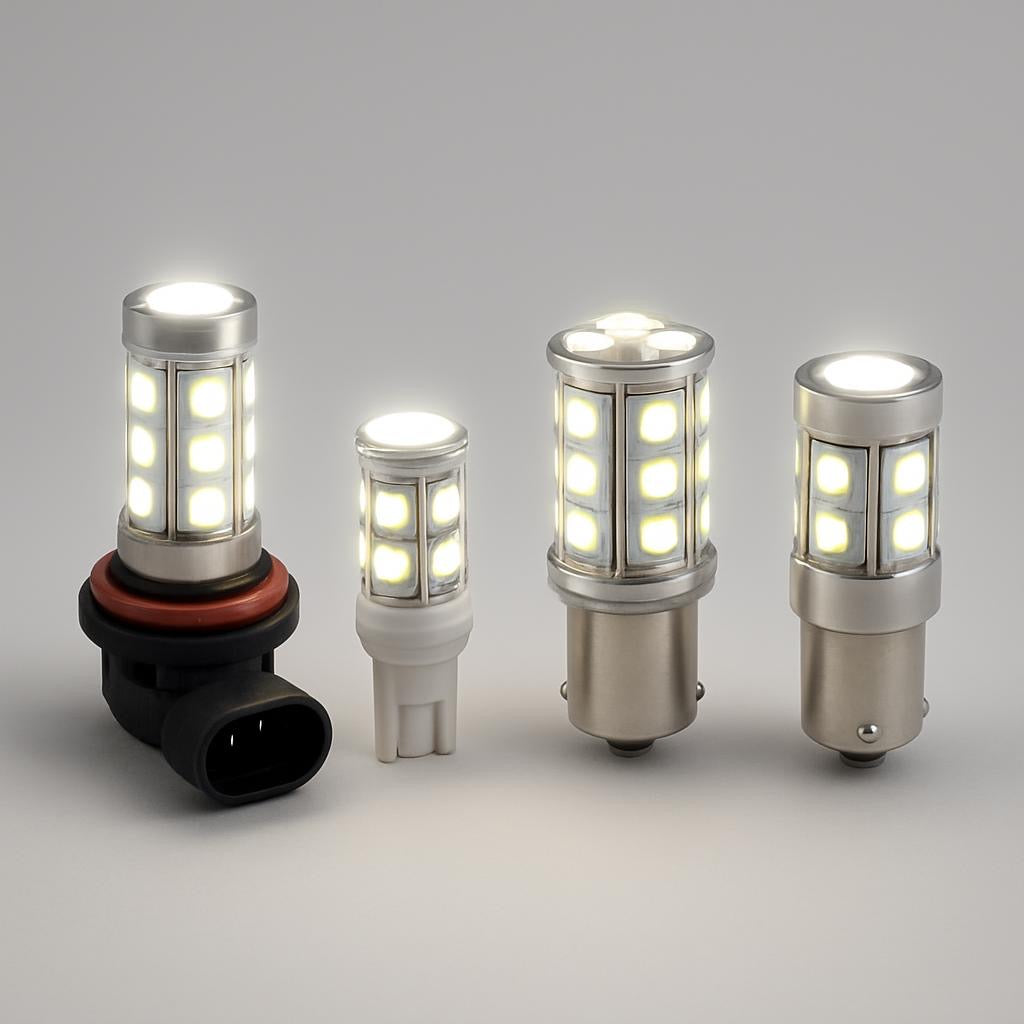 Four different types of LED car light bulbs on a gray background